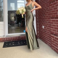 Satin High Slit Ruched Dress Wedding Guest/Bridesmaids Dresses - Thumbnail 1