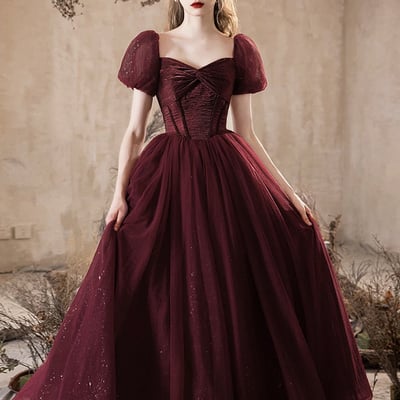 Burgundy shiny tulle floor length prom dress, a-line short sleeve party dress - Thumbnail 1