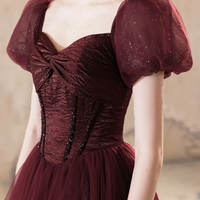 Burgundy Shiny Tulle Floor Length Prom Dress, A-Line Short Sleeve Party Dress - Thumbnail 1