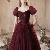 Burgundy Shiny Tulle Floor Length Prom Dress, A-Line Short Sleeve Party Dress - Thumbnail 3