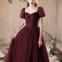 Burgundy Shiny Tulle Floor Length Prom Dress, A-Line Short Sleeve Party Dress - Thumbnail 4