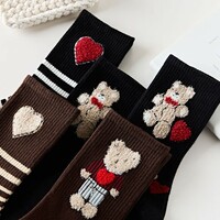 5 Pairs Teddy Bear Love Striped Socks - Thumbnail 2