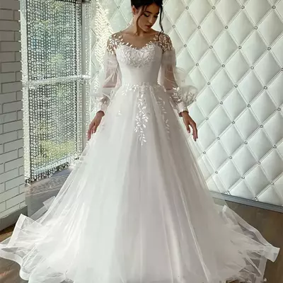  wedding dress jewel neck classic lace appliques bride formal event dresses elegant tulle long bridal gown boho  - Thumbnail 2