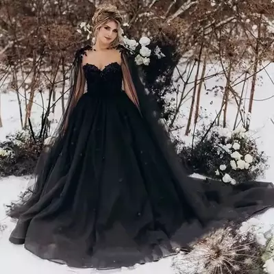Black wedding dresses formal a line tulle applique beaded zipper lace up custom new plus size sleeveless sweetheart hand made flower - Thumbnail 2
