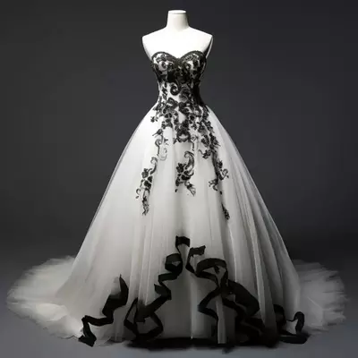 Gothic black and white wedding dress lace appliques bridal gowns