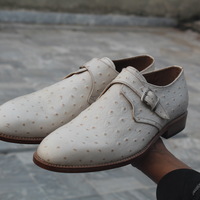 Crafted Leather New Handmade White Ostrich Leather Monk Strap Dress Shoes - Thumbnail 5