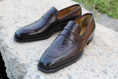 Crafted Leather Classic Brown Crocodile Alligator Leather Moccasin Loafers Dress Shoes