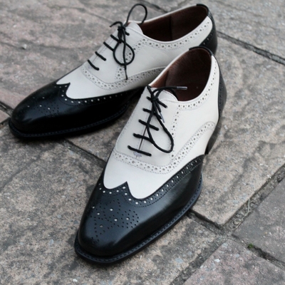 Crafted leather classic men black white leather wingtip oxford dress shoes - Thumbnail 5