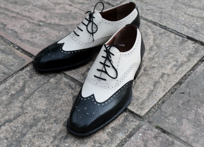 Crafted Leather Classic Men Black White Leather Wingtip Oxford Dress Shoes