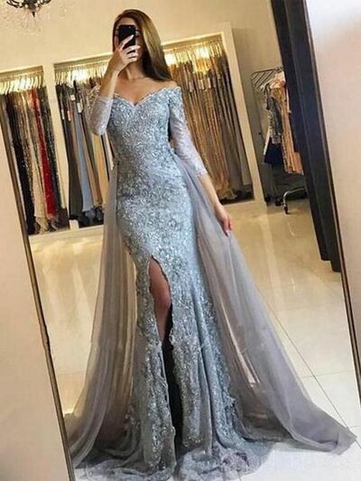 Elegant Mother of Bride/ Groom Dress Grey Lace Appliques Evening Formal Gowns Prom Dress