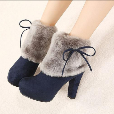 Faux fur round toe platform inside high heels short boots