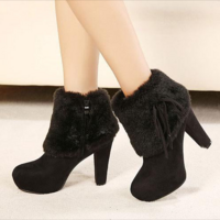 Faux Fur Round Toe Platform Inside High Heels Short Boots - Thumbnail 3