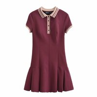 Retro slim waist contrast ribbed wide pleated dress - Thumbnail 2