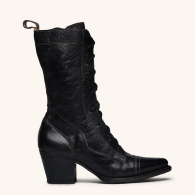 Casual leather strap chunky heel calf boots