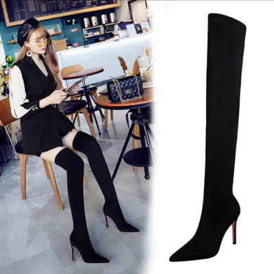 Black lycra point toe stretch high heel over knee boots