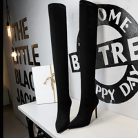 Black Lycra Point Toe Stretch High Heel Over Knee Boots - Thumbnail 3
