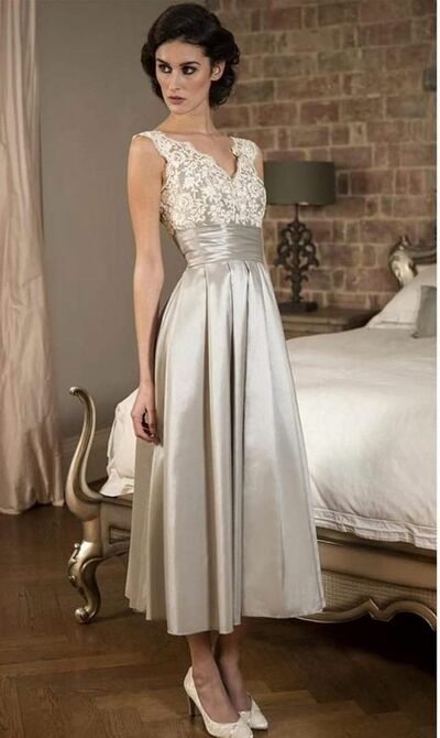 Elegant Mother of Bride/ Groom Dress Lace Tea-length Evening Formal Gowns Prom Dress