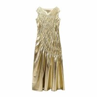Fashionable and high-end slim-fitting gold pleated sleeveless dress - Thumbnail 1