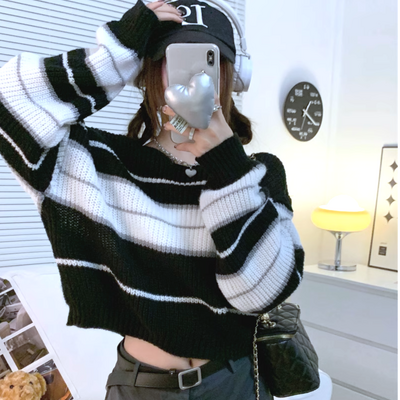 *free shipping*90s striped knit cropped sweater