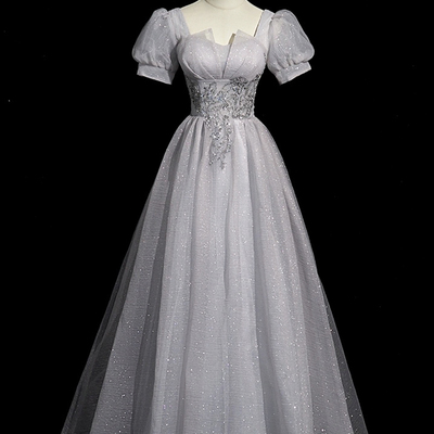 Gray tulle sequins long prom dress, beautiful a-line evening party dress - Thumbnail 2