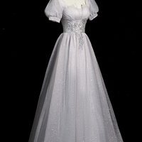 Gray Tulle Sequins Long Prom Dress, Beautiful A-Line Evening Party Dress - Thumbnail 1