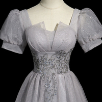 Gray Tulle Sequins Long Prom Dress, Beautiful A-Line Evening Party Dress - Thumbnail 2