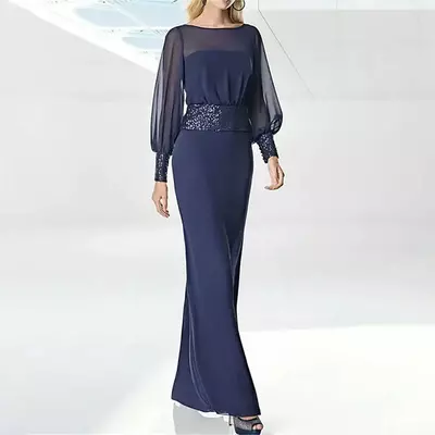 Elegant Mother of the Bride/ Groom Dress Jewel Neck Floor Length Chiffon Sequined Long Sleeve with Sash