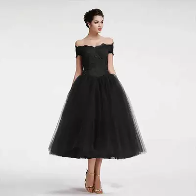 Little black tea length mother of the bride/ groom dresses off shoulder zipper back formal wedding party gown