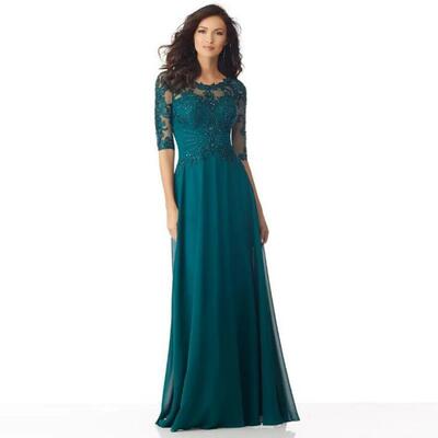 Green mother of the bride/ groom dresses o-neck a-line half sleeves chiffon appliques beaded party wedding evening prom gowns