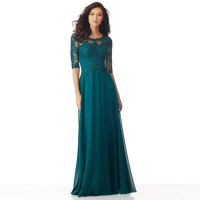 Green Mother of the Bride/ Groom Dresses O-neck A-line Half Sleeves Chiffon Appliques Beaded Party Wedding Evening Prom Gowns