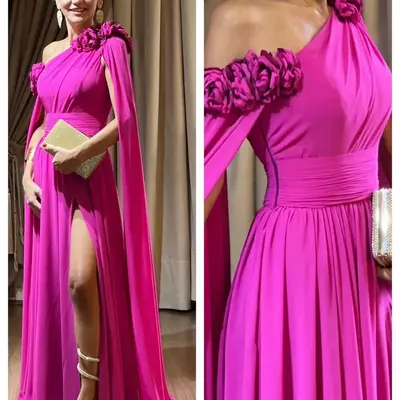  long fuchsia chiffon mother of the bride/ groom dresses with slit mermaid one shoulder floor length party dress for wedding