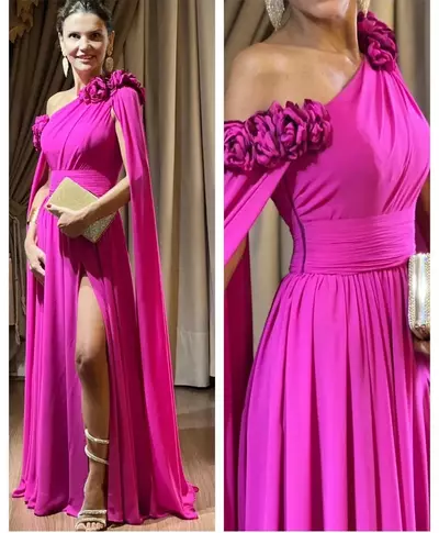  Long Fuchsia Chiffon Mother of the Bride/ Groom Dresses With Slit Mermaid One Shoulder Floor Length Party Dress for Wedding