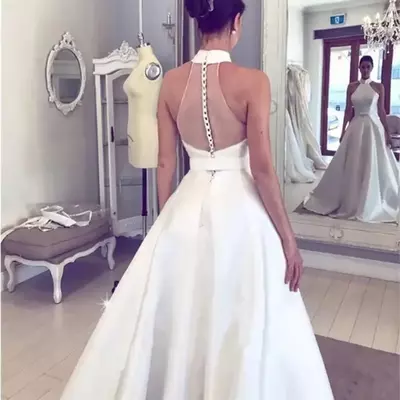 Simple a line wedding dresses for women white satin halter neck illusion button back bridal gowns sweep train sleeveless