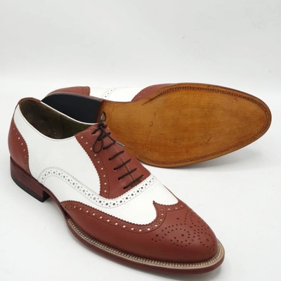 Crafted leather handmade men's two tone brown white leather formal dress stylish wingtip lace up oxford shoes