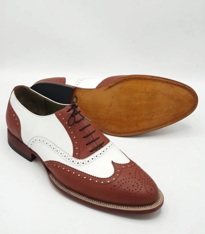 Crafted Leather Handmade Men's Two Tone Brown White Leather Formal Dress Stylish Wingtip Lace up Oxford Shoes