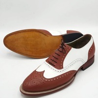 Crafted Leather Handmade Men's Two Tone Brown White Leather Formal Dress Stylish Wingtip Lace up Oxford Shoes - Thumbnail 1