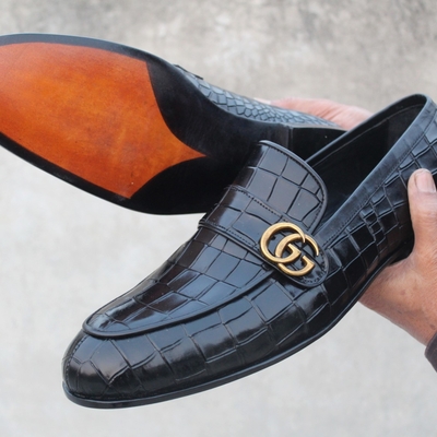Crafted leather black genuine embossed crocodile texture leather loafers dress shoes - Thumbnail 3