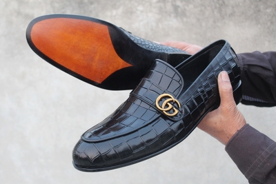 Crafted Leather Black Genuine Embossed Crocodile Texture Leather Loafers Dress Shoes