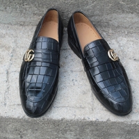 Crafted Leather Black Genuine Embossed Crocodile Texture Leather Loafers Dress Shoes - Thumbnail 2