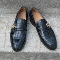 Crafted Leather Black Genuine Embossed Crocodile Texture Leather Loafers Dress Shoes - Thumbnail 1
