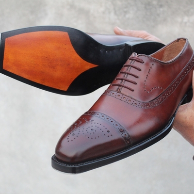 Crafted leather brown patina leather formal lace up dress oxford shoes - Thumbnail 4