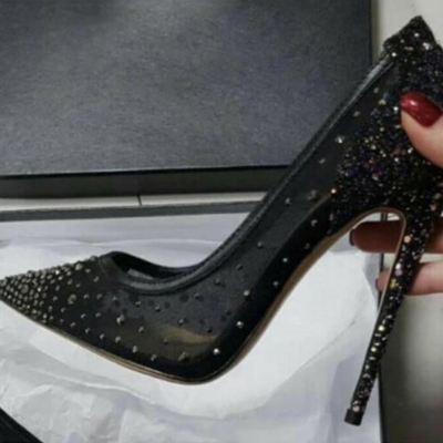 Point toe  rhinestone leather stiletto heel pumps