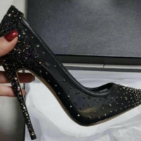 Point Toe  Rhinestone Leather Stiletto Heel Pumps - Thumbnail 1