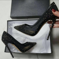 Point Toe  Rhinestone Leather Stiletto Heel Pumps - Thumbnail 2