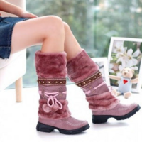 Faux Fur Ball Decorate Flat Half Snow Boots - Thumbnail 3