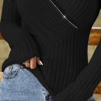 V-Neck Diamond Chain Lace Splicing Long Sleeve Top - Thumbnail 2