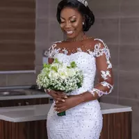 African Luxury Beading Mermaid Wedding Dress Long Sleeve Appliques Pearls Wedding Gowns Plus Size Black Bride Vestido de noiva - Thumbnail 2