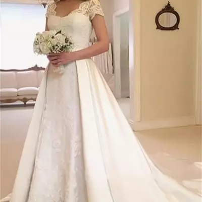 Vintage long lace wedding dresses v-neck short sleeves button back detachable satin train bridal dreeses robe de mariee - Thumbnail 2