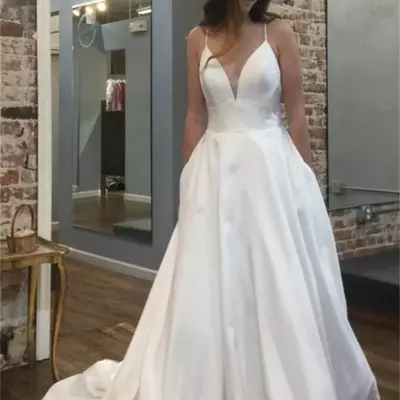 Satin sleeveless backless wedding dresses spaghetti straps v-neck a-line bridal gowns wedding gowns - Thumbnail 2