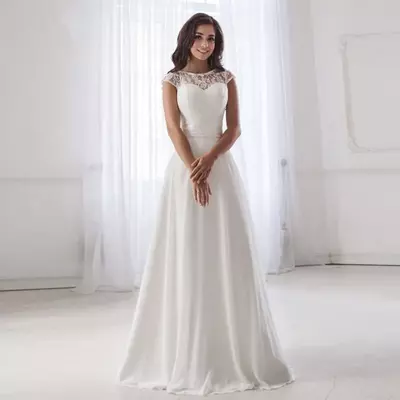 Scoop neck lace wedding dress sleeveless pleats chiffon beach wedding dresses robe de soiree open back casamento